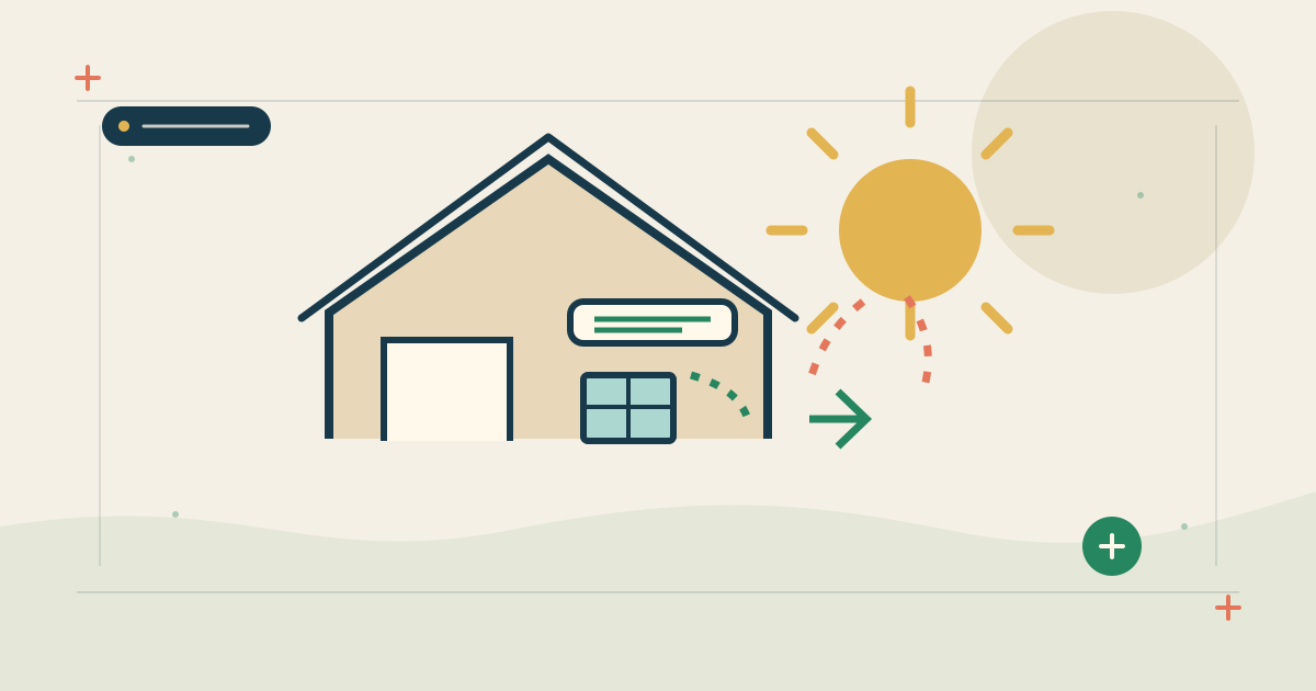 Cutaway illustration of a Dominican home with a mini-split and arrows showing how sun and windows affect cooling load.