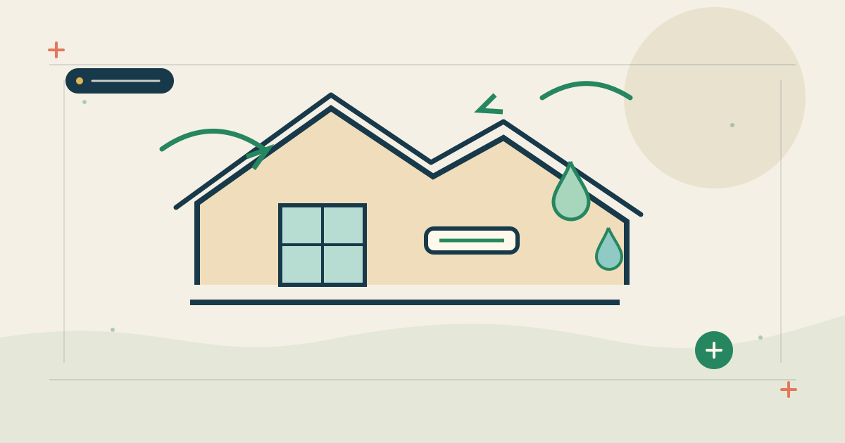 Educational illustration of a home by the sea, with humidity droplets, coastal breeze and an air-conditioning unit.