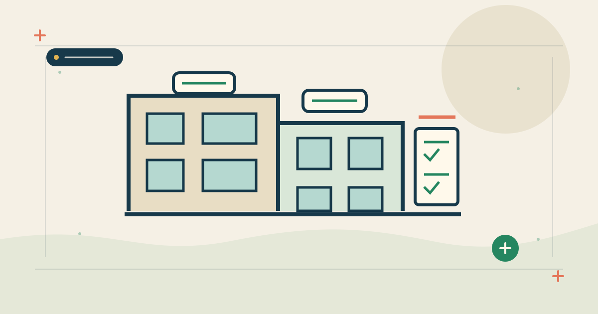Ilustración de un edificio comercial con varias zonas climatizadas y una lista de mantenimiento.
