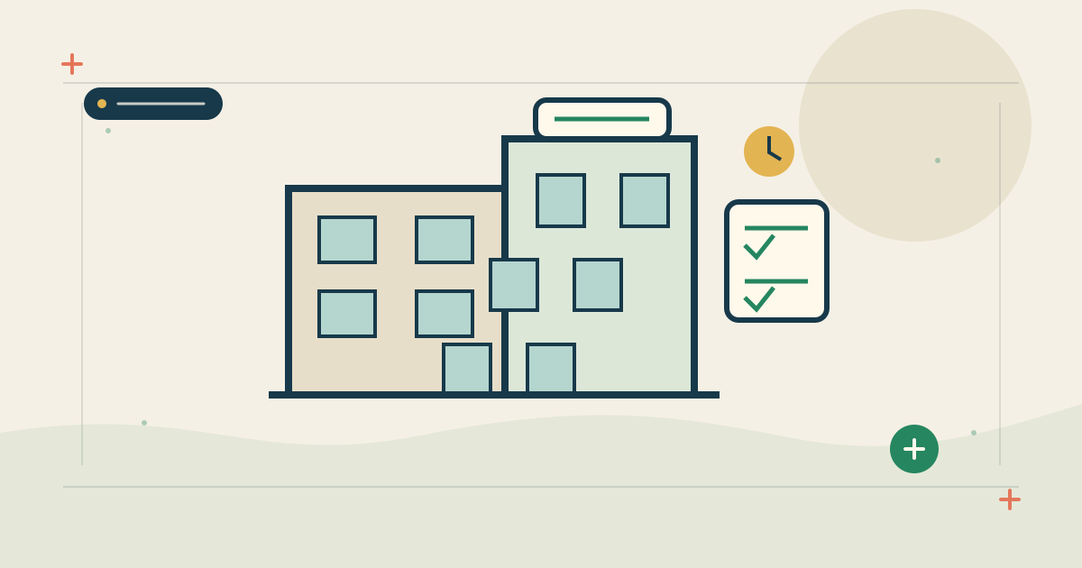 Illustration of a tower with rooftop HVAC equipment and a coordinated maintenance calendar.