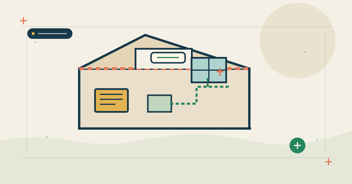 Cutaway illustration of an apartment remodel, with plans, an open ceiling and HVAC planning.
