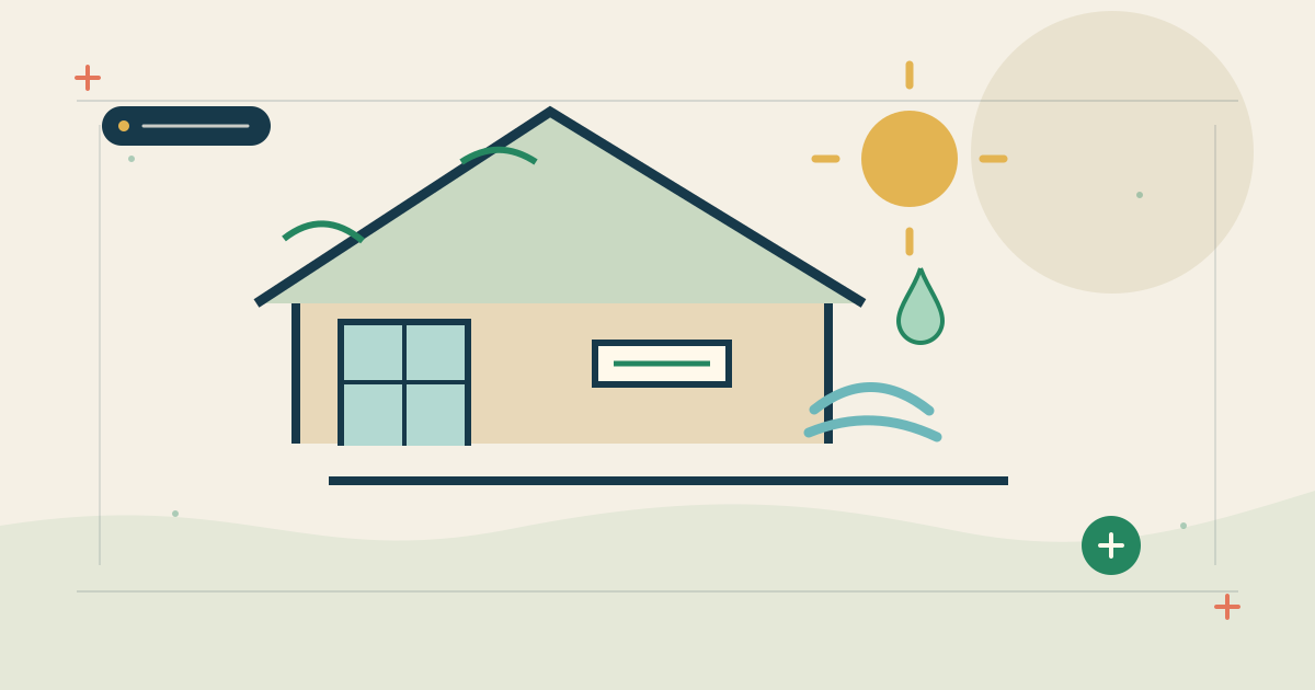 Ilustración de una villa tropical junto al mar, con sombra, ventanas y climatización representadas en corte.