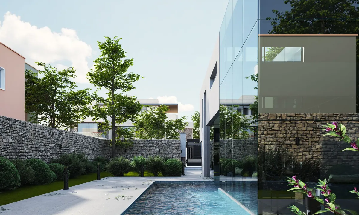 Contemporary house with a garden and pool, illustrating a residential application